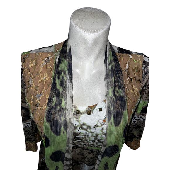 Alberto Makali Top Green Brown 2-fer Lace 3/4 Sleeve Embellished Blouse Size S - Picture 2 of 9